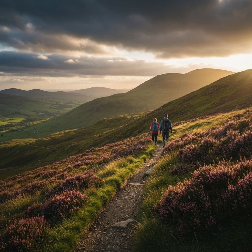 Hikers on a mountain trail at golden hour